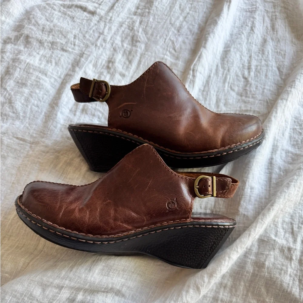 Born Flowers Slingback Wedge Clogs Size 10 Brown Leather